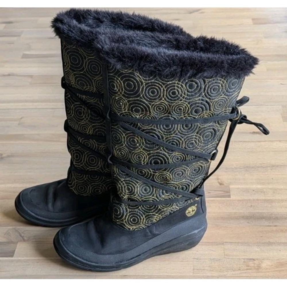 TIMBERLAND BLACK AND GOLD AND FAUX FUR TALL BOOTS SIZE‎ 7 NEW